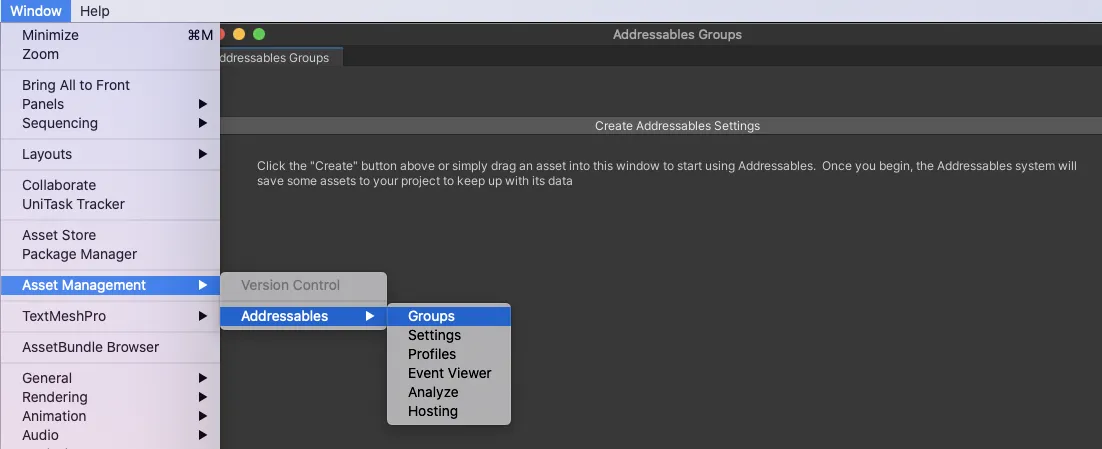 メニューからAddressables Groupウインドウを開く