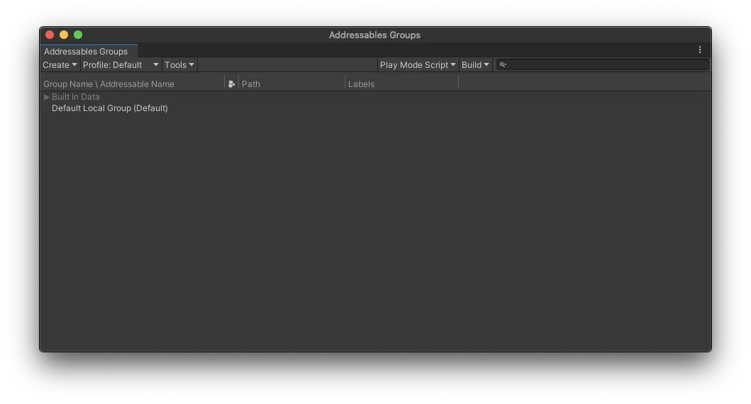 Addressables Groupウインドウ上でのDefault Local Groupの確認