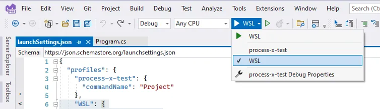 デバッグ実行にWSLを指定