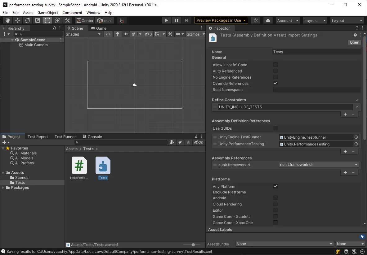 作成されたテスト用のasmdefにUnity.PerformanceTestingを追加