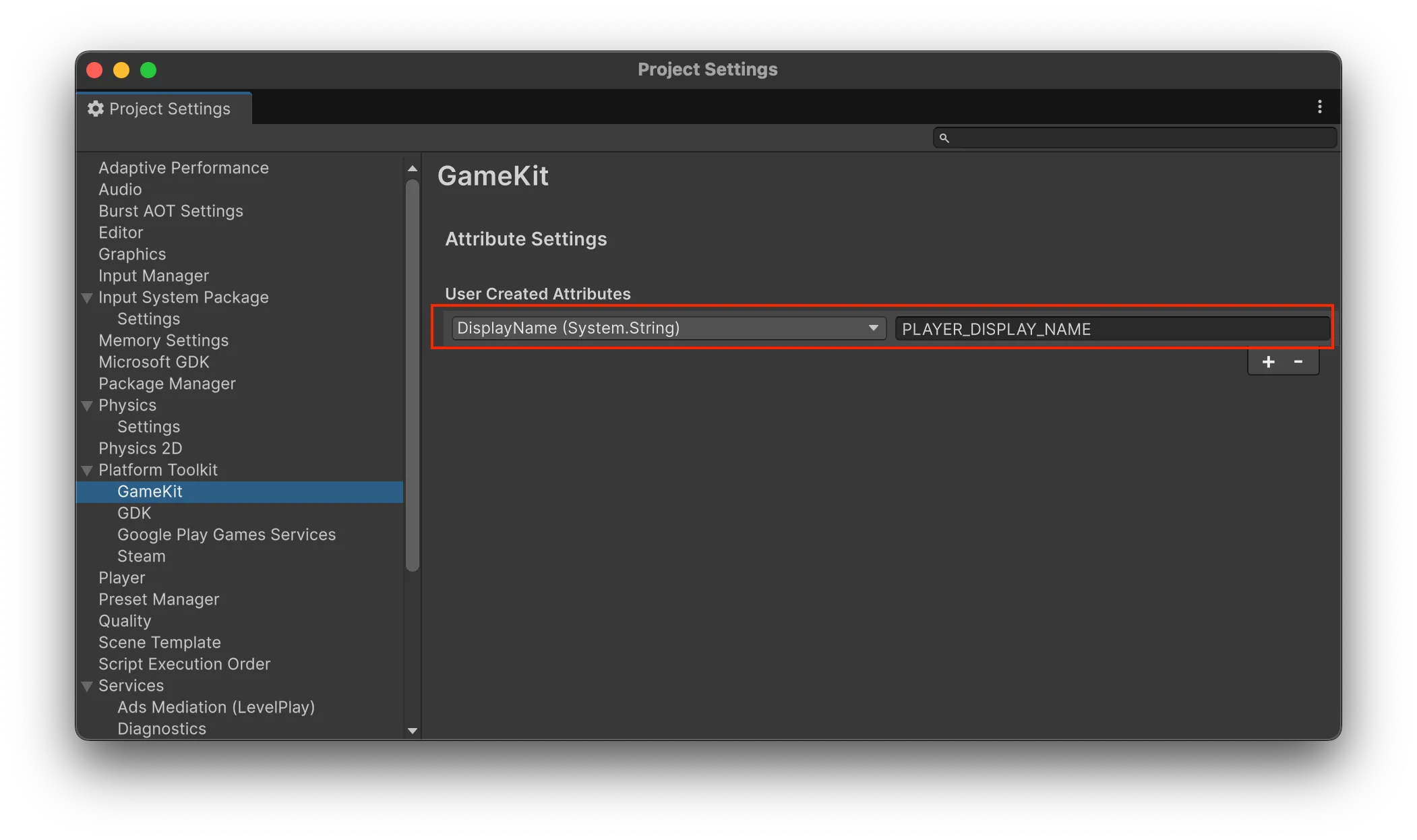 GameKitでのUser created attributesの設定例