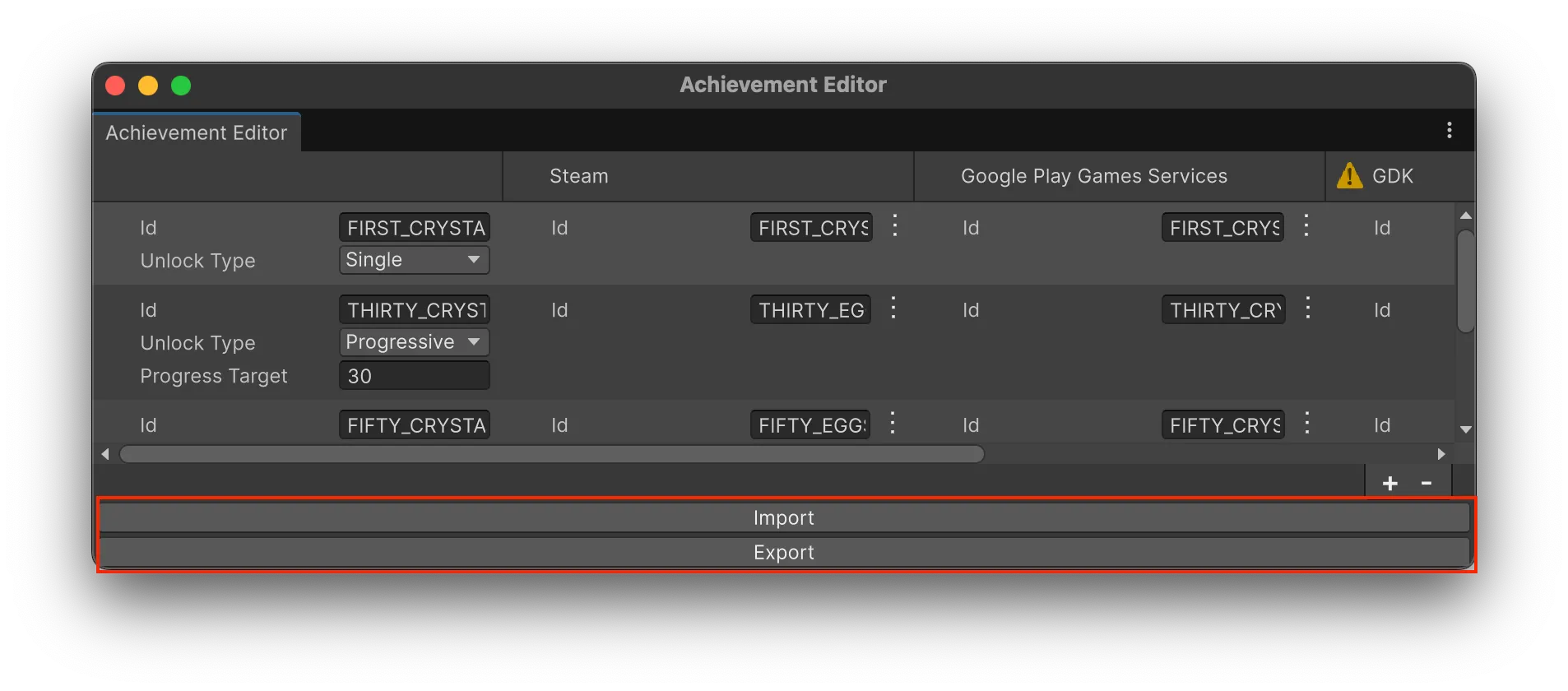 インポートとエクスポートボタン