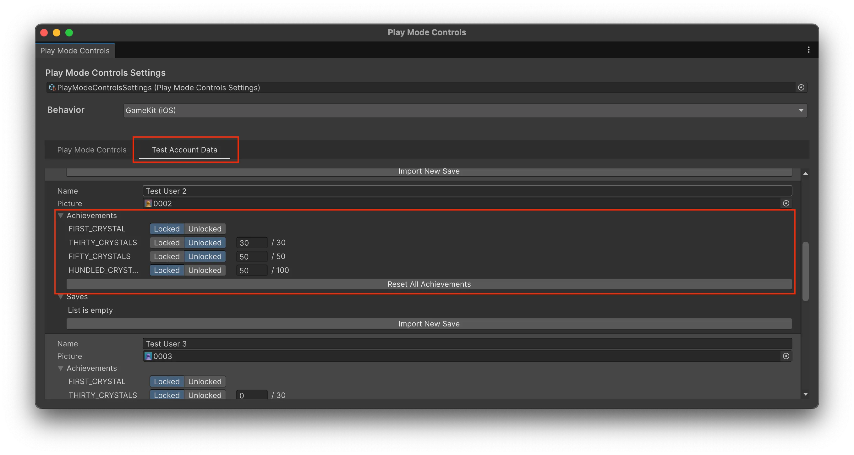 Play Mode Controlsでのテストアカウントの進捗の確認