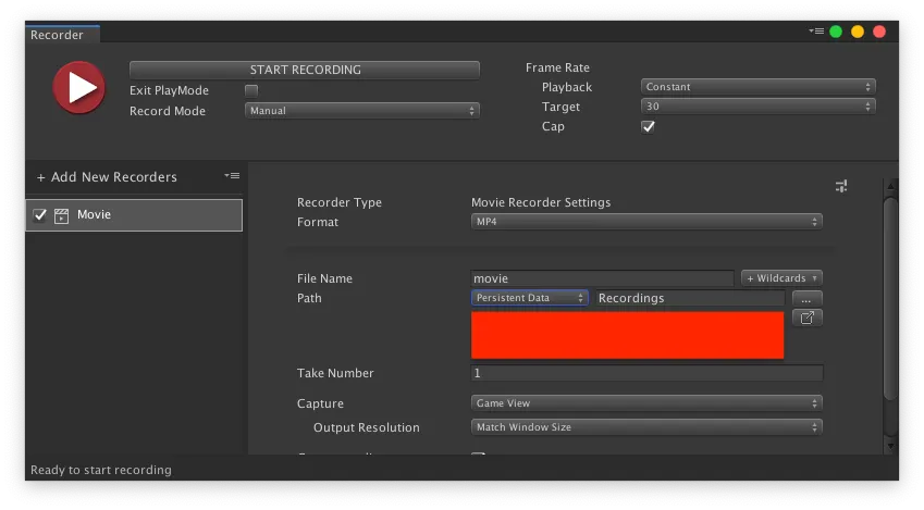 Recorder WindowによるUnity Recorderによる画面の録画方法