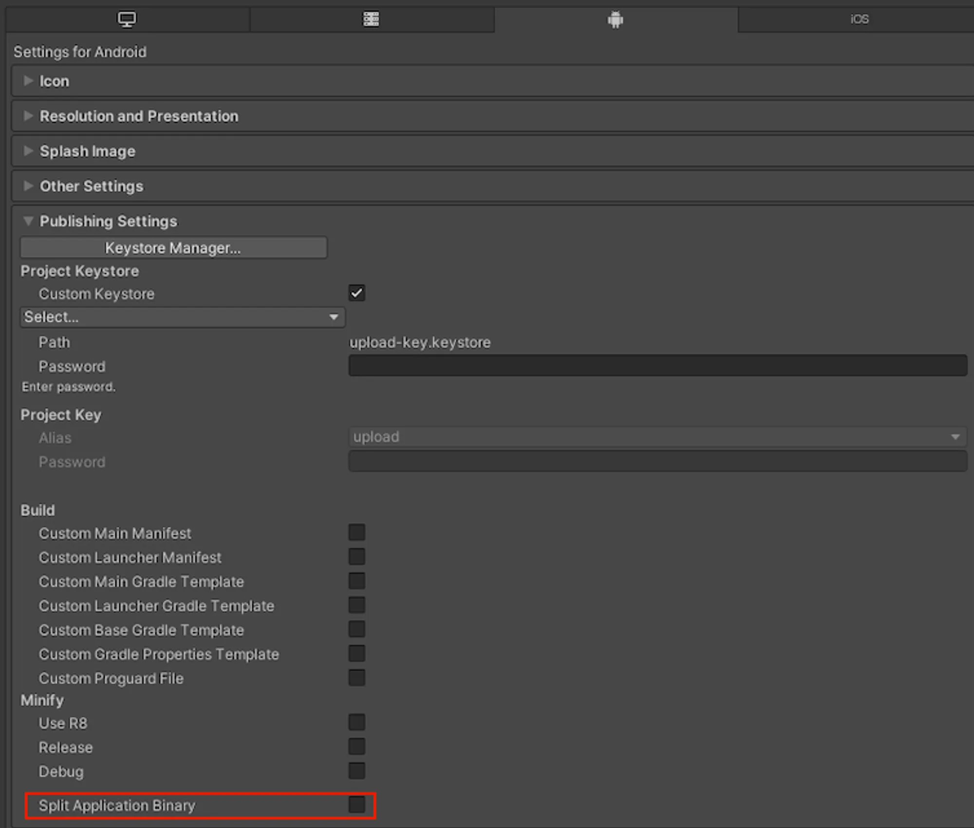 Player Settings > Android > Publishing Settings下の「Split Application Binary」