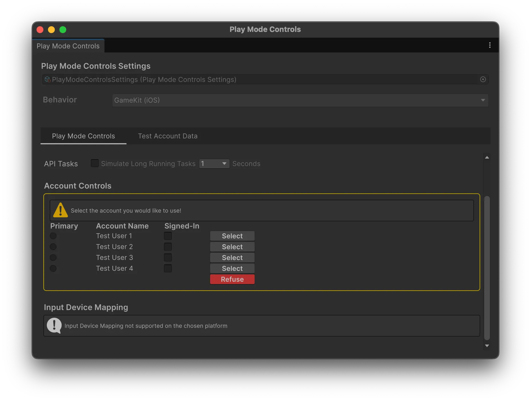 Play Mode Controlsでのログイン確認