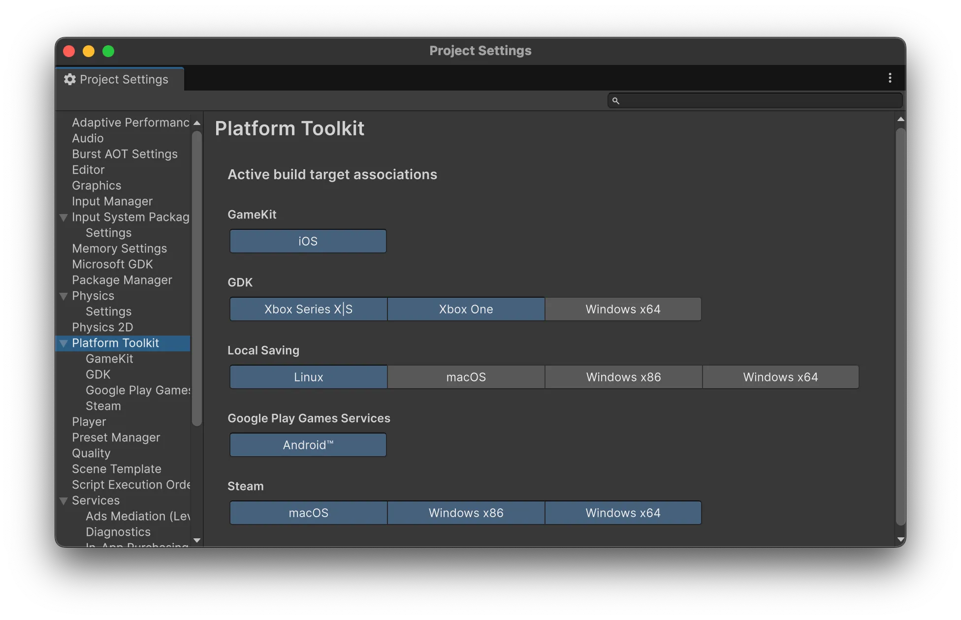 Project SettingsのPlatform Toolkitの項目