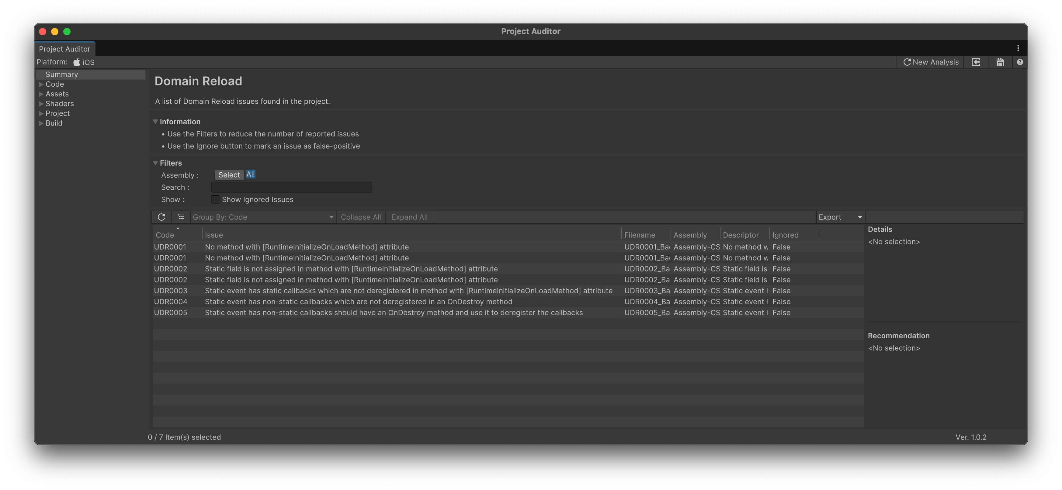 Project AuditorのDomain Reload診断ビュー