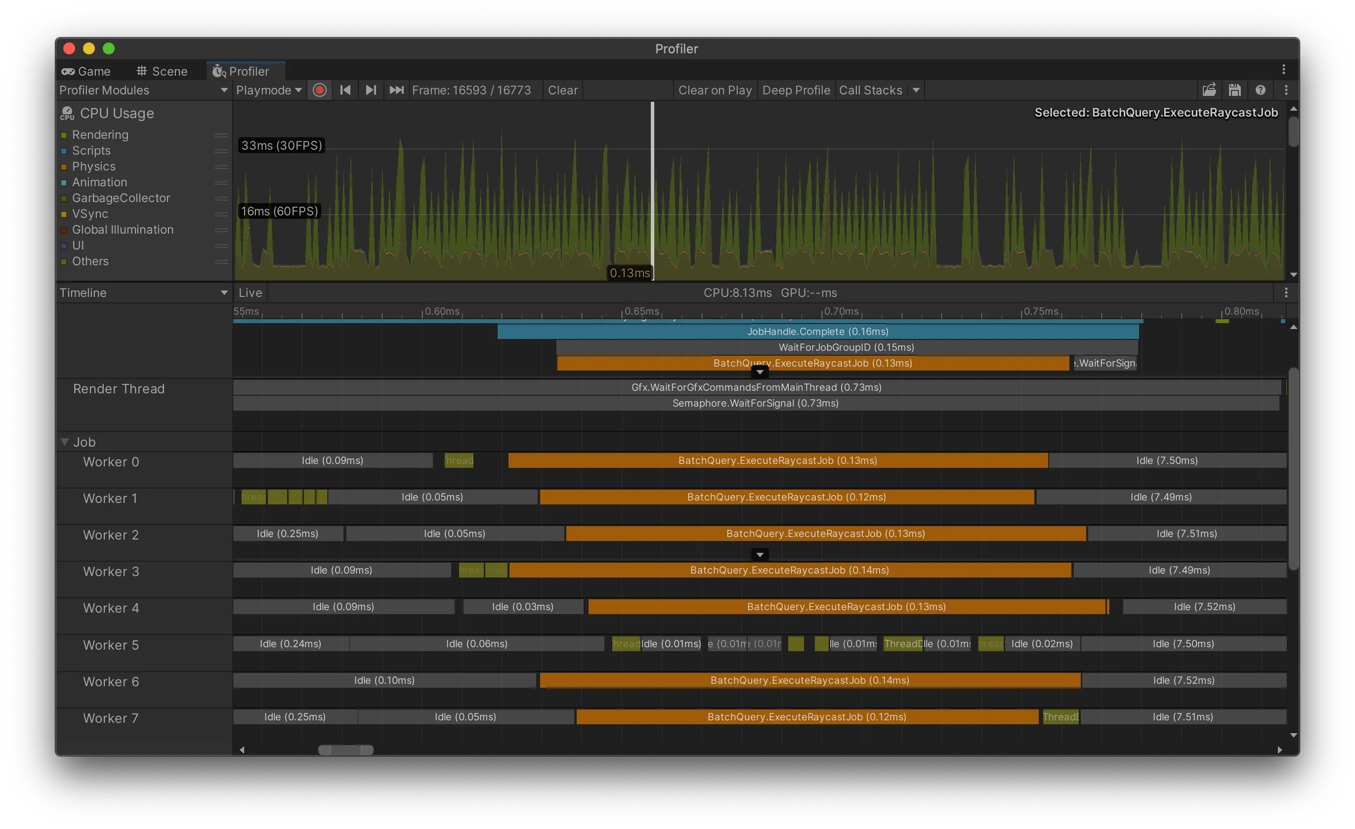 RaycastCommand-min100のときのタイムライン