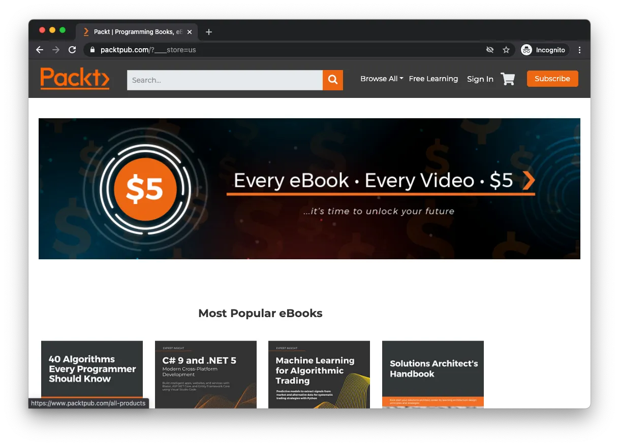 Packt Publishingの$5セールの様子