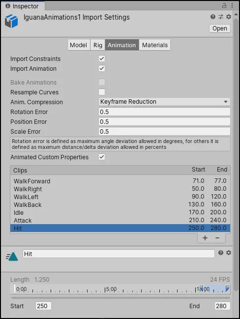 Unityのインスペクタ上でのTakeInfo - 画像は https://docs.unity3d.com/Manual/Splittinganimations.html より