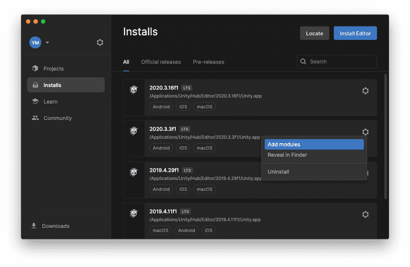 「Add modules」は、「Installs」画面で右上の歯車ボタンをクリックするとあらわれる。